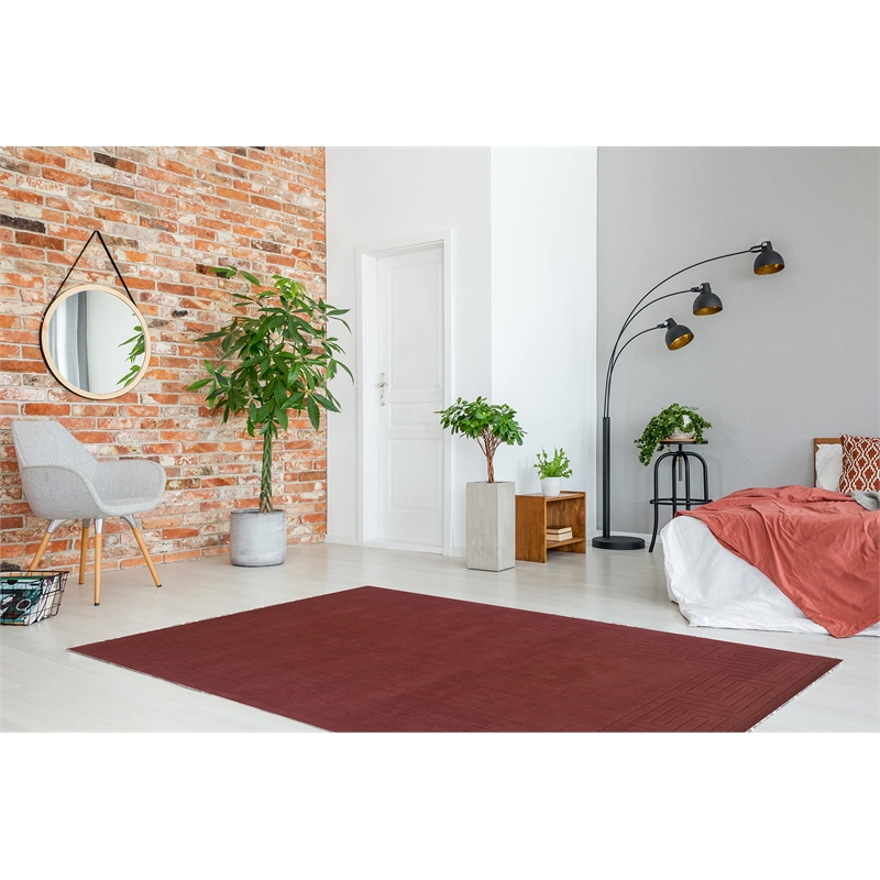 Linon Classic Greek Key Hand Woven Wool 8'x11' Rug in Cinnabar Red