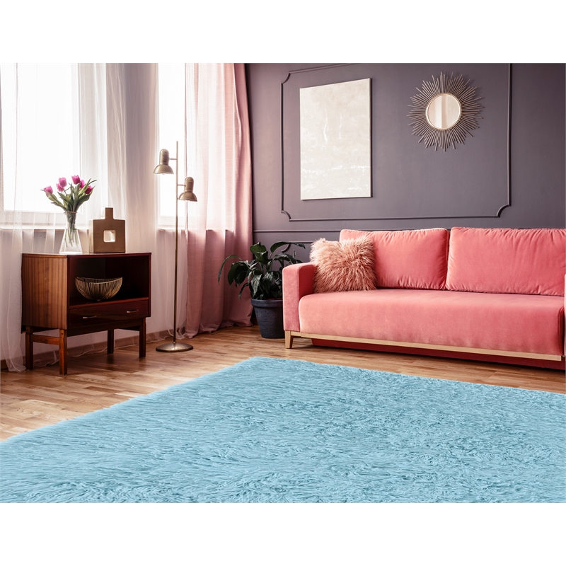 Linon New Flokati Hand Woven Wool 8'x10' Rug in Pastel Blue
