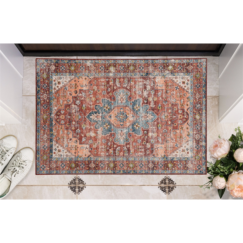 Linon Washable Cason Polyester 2'x3' Rug in Rust Orange