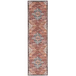 Linon Washable Cason Polyester 2'x8' Rug in Rust Orange