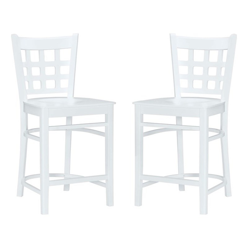 Linon Flint Set of 2 Lattice Back Counter Stools in Glossy White Beechwood