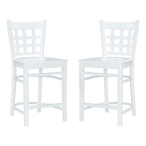 Linon Flint Set of 2 Lattice Back Counter Stools in Glossy White Beechwood
