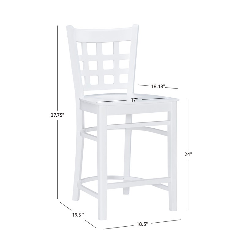 Linon Flint Set of 2 Lattice Back Counter Stools in Glossy White Beechwood