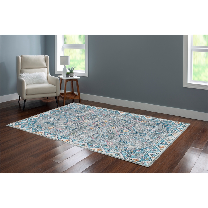 Linon Washable Wills Polyester 5'x7' Rug in Gray