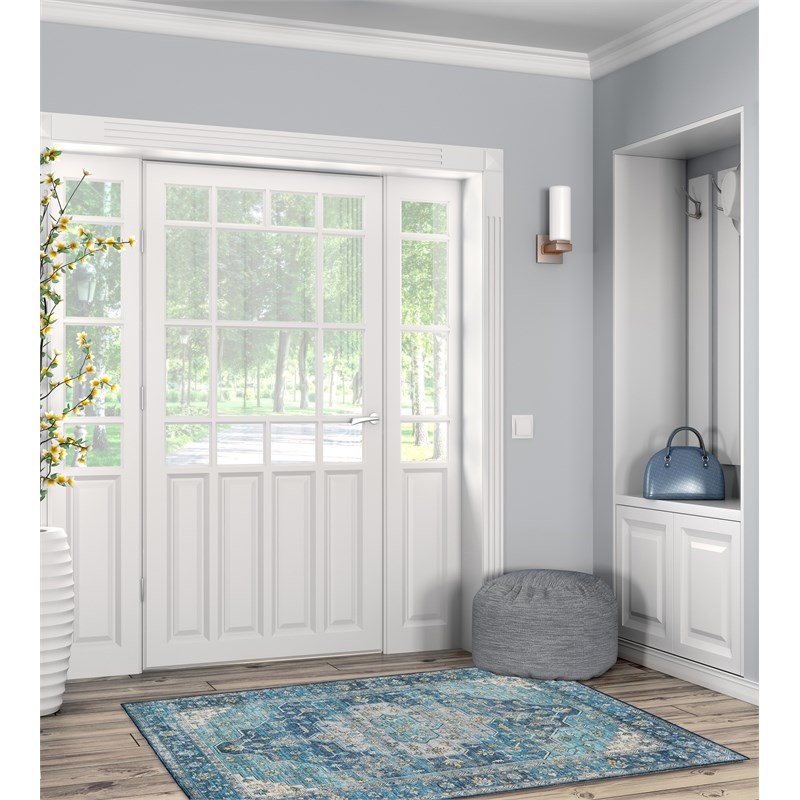 Linon Washable Madi Polyester 3'x5' Rug in Teal Blue