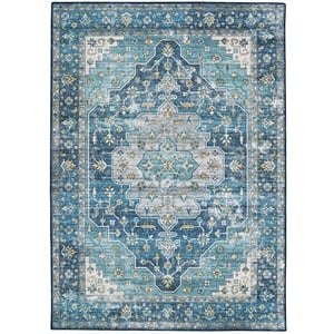 Linon Washable Madi Polyester 5'x7' Rug in Teal Blue