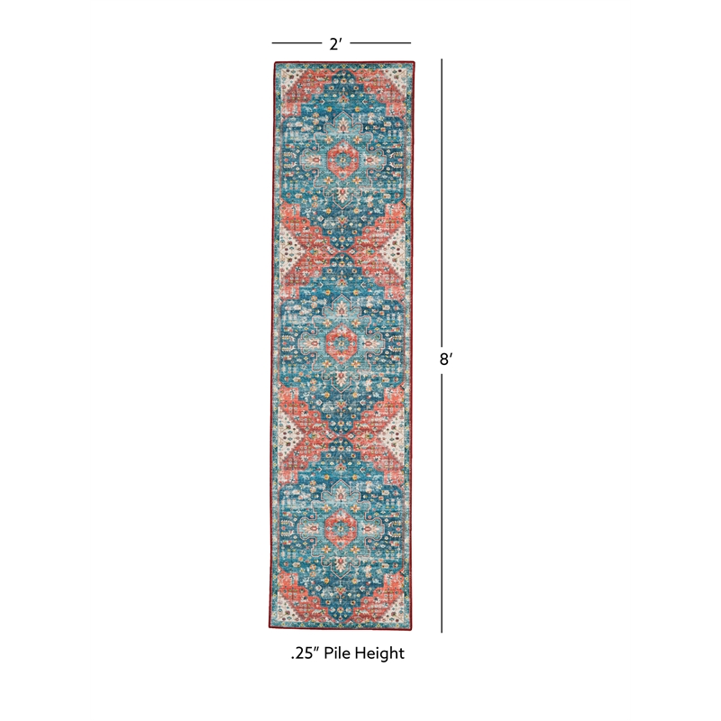 Linon Washable Langley Polyester 2'x8' Rug in Teal Blue