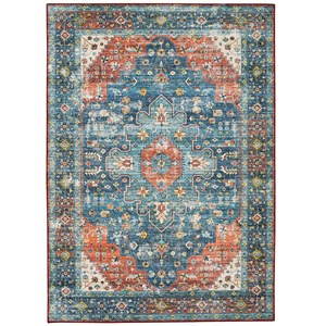 Linon Washable Langley Polyester 3'x5' Rug in Teal Blue