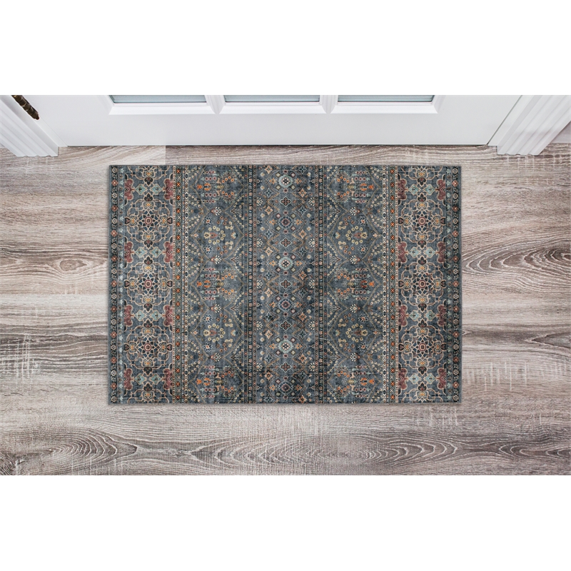 Linon Washable Buford Polyester 2'x3' Rug in Teal Blue