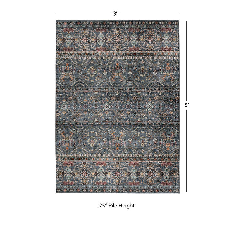 Linon Washable Buford Polyester 3'x5' Rug in Teal Blue