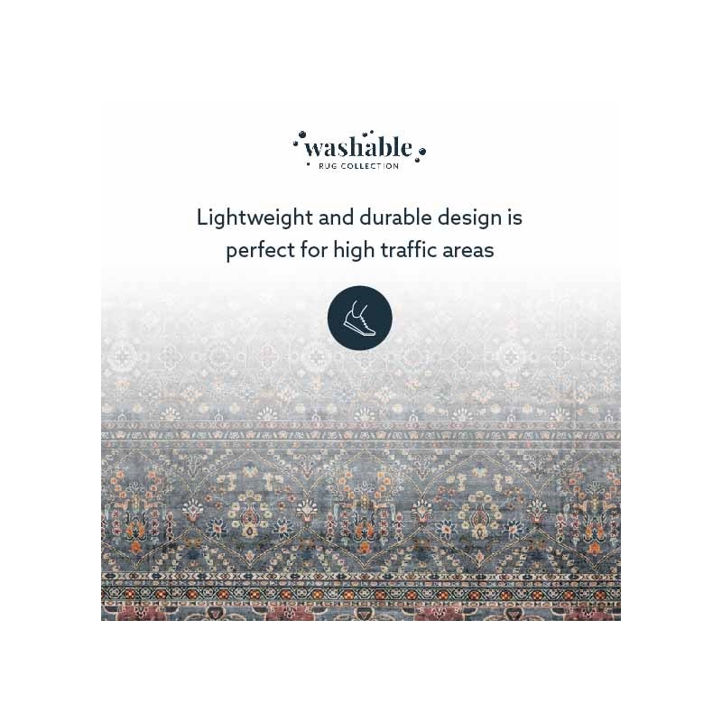 Linon Washable Buford Polyester 5'x7' Rug in Teal Blue