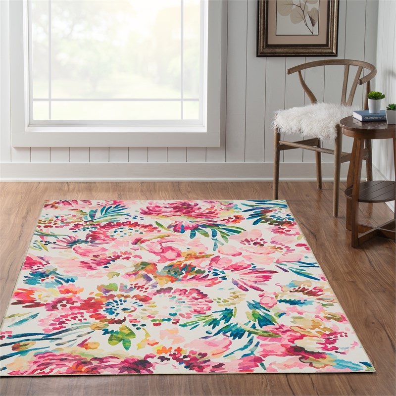 Linon Washable Gatlin Polyester 5'x7' Rug in Raspberry Red