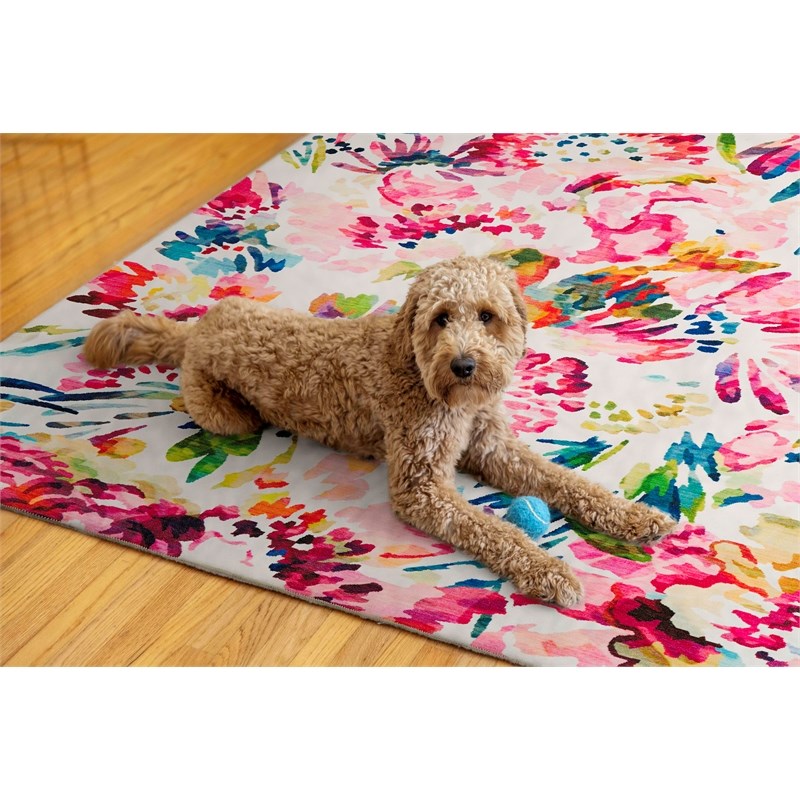 Linon Washable Gatlin Polyester 5'x7' Rug in Raspberry Red
