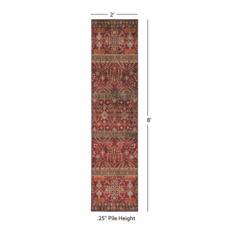 Linon Washable Wesson Polyester 2'x8' Rug in Garnet Red