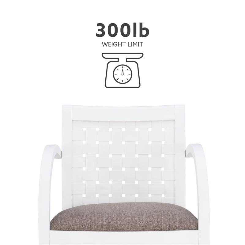 Linon Riker Arm Chair Grey Upholstered Seat Woven Backrest in White Beechwood