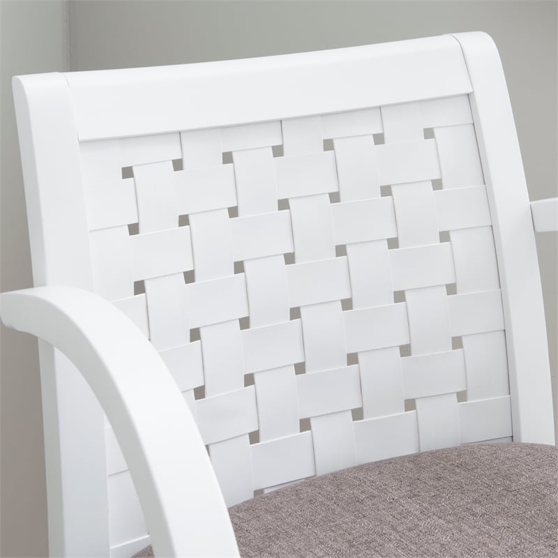 Linon Riker Arm Chair Grey Upholstered Seat Woven Backrest in White Beechwood