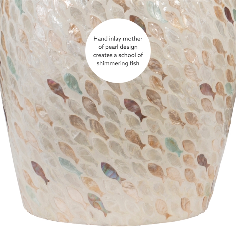 Linon Rainer Capiz Drum Side Table with Mother of Pearl Fish Design in Ivory