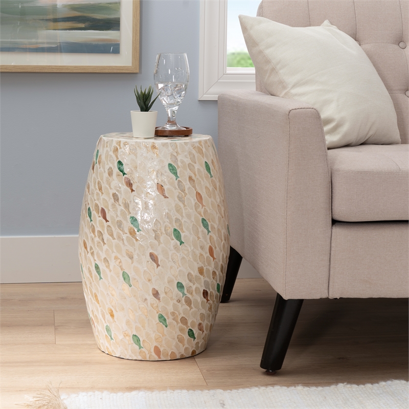 Linon Rainer Capiz Drum Side Table with Mother of Pearl Fish Design in Ivory