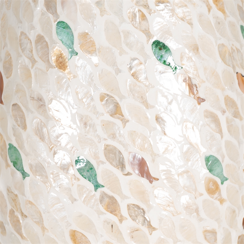 Linon Rainer Capiz Drum Side Table with Mother of Pearl Fish Design in Ivory