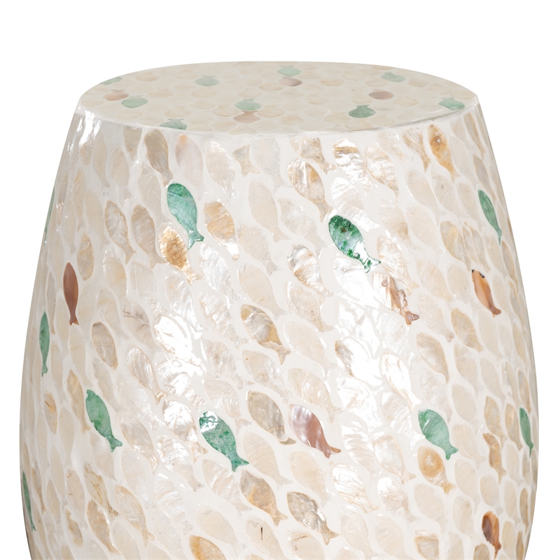Linon Rainer Capiz Drum Side Table with Mother of Pearl Fish Design in Ivory