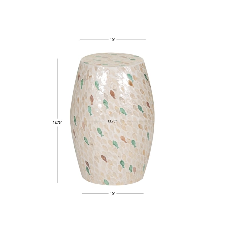 Linon Rainer Capiz Drum Side Table with Mother of Pearl Fish Design in Ivory