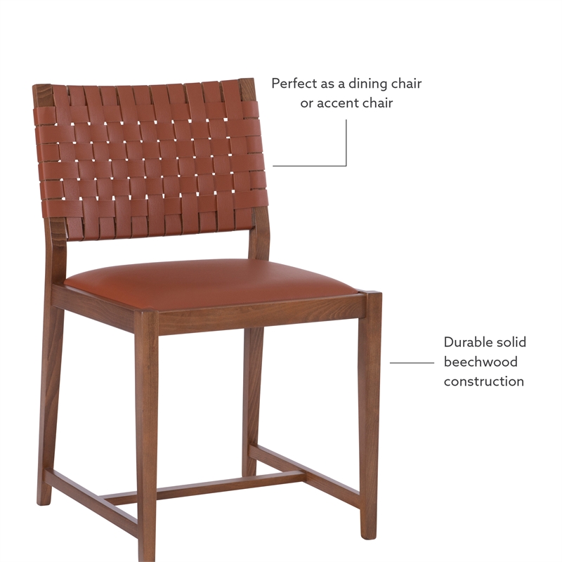 Linon Hutton Dining Chair Woven Leather Backrest in Brown Stained Solid Wood