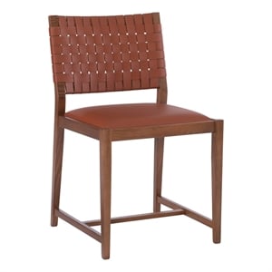 Linon Hutton Dining Chair Woven Leather Backrest in Brown Stained Solid Wood