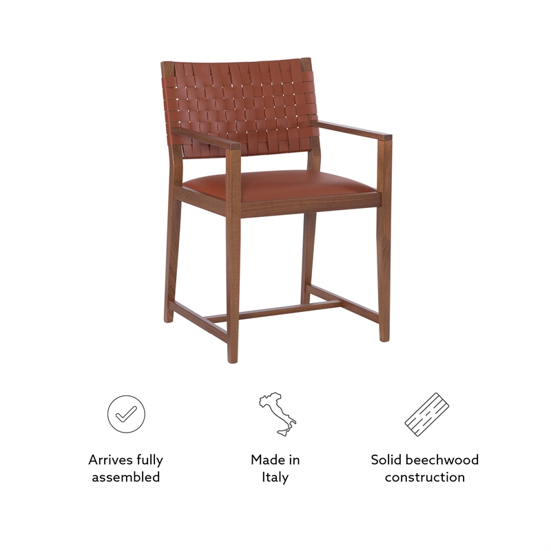 Linon Hutton Dining Arm Chair Woven Leather Back in Brown Stained Solid Wood