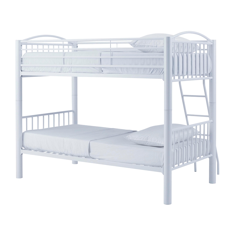Linon Heavy Metal Twin Over Twin Bunk Bed Attached Ladder in White