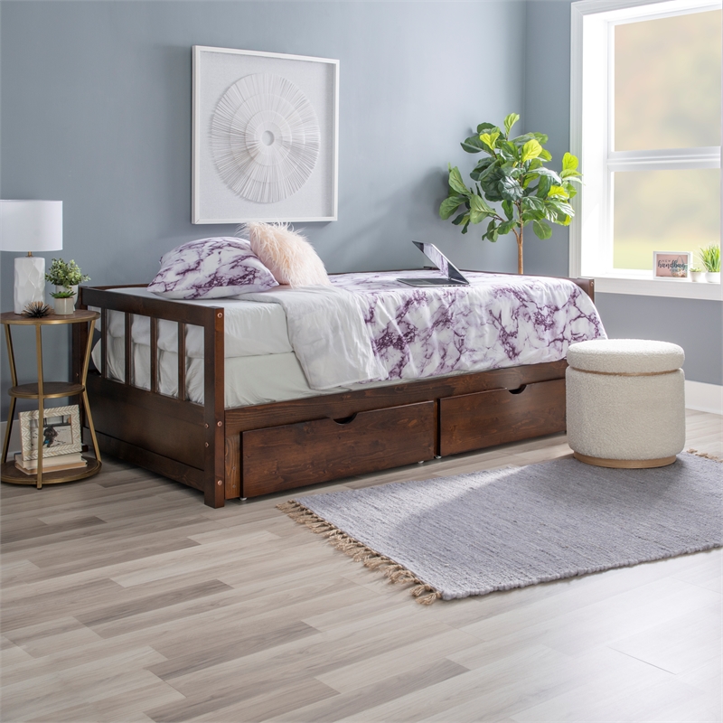 Linon Macey Twin to King Daybed 2 Spacious Drawers in Espresso Stained Pine Wood