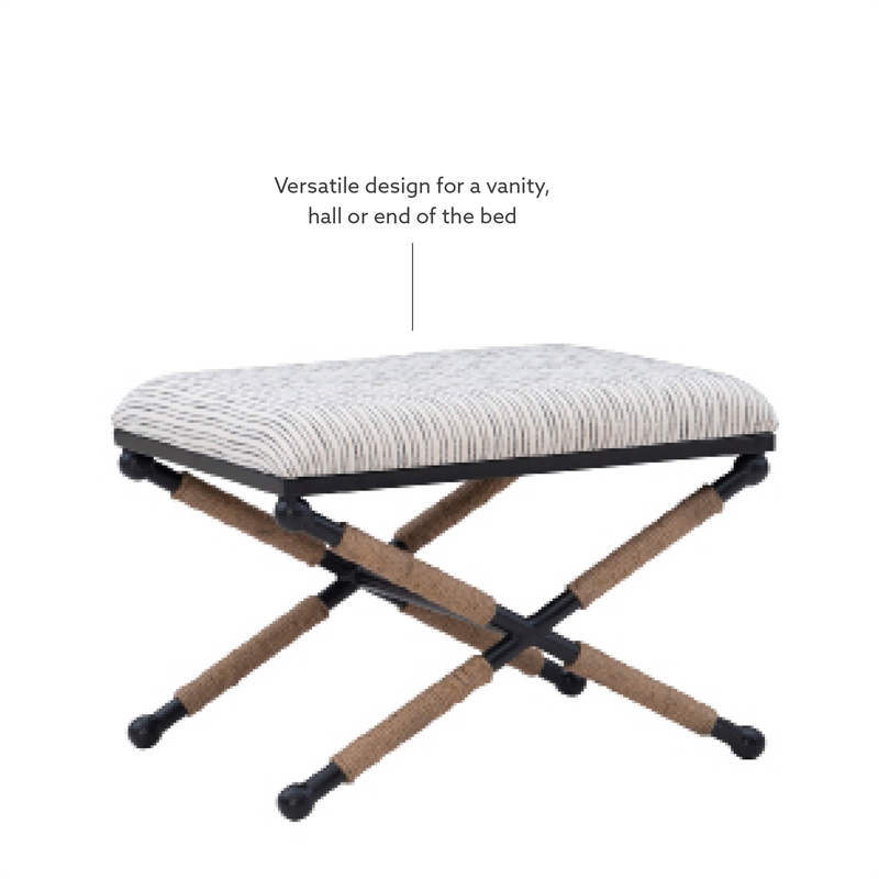 Linon Anna Campaign Accent Stool Metal Legs with Rope Detail in Cream Stripe