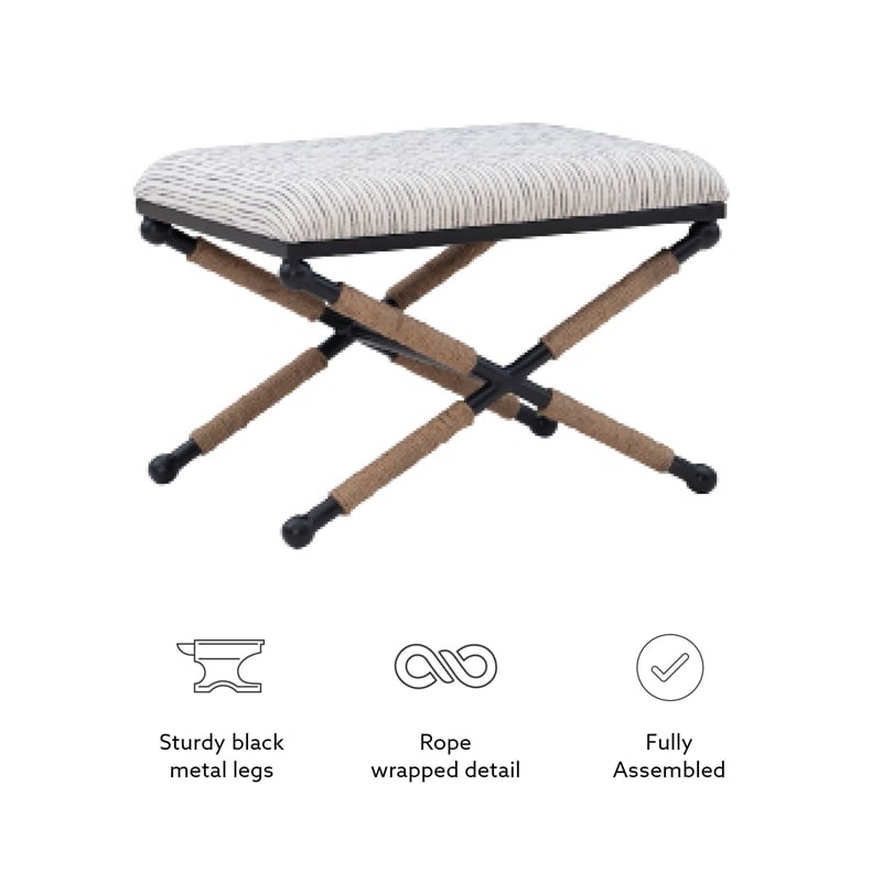 Linon Anna Campaign Accent Stool Metal Legs with Rope Detail in Cream Stripe