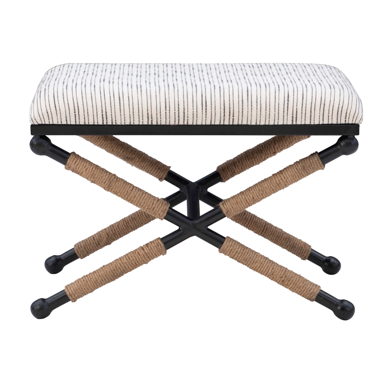 Linon Anna Campaign Accent Stool Metal Legs with Rope Detail in Cream Stripe