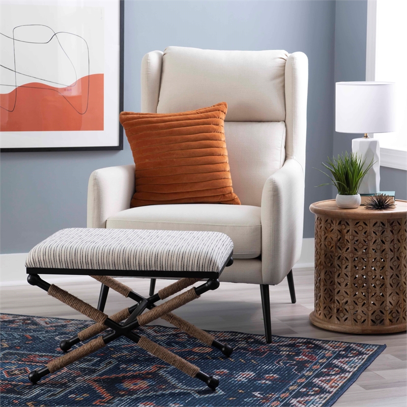 Linon Anna Campaign Accent Stool Metal Legs with Rope Detail in Cream Stripe