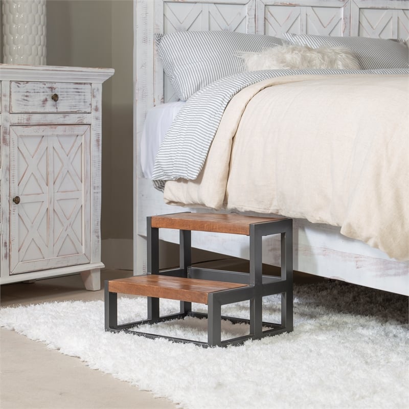 Linon Benny Sturdy Wood Bed Steps Minimalist Style Iron Frame in Gunmetal Gray
