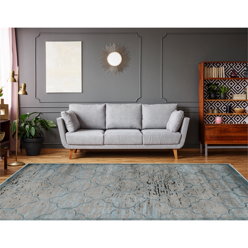 Linon Platinum Trellis Polyester 8'x11' Rug in Blue and Black