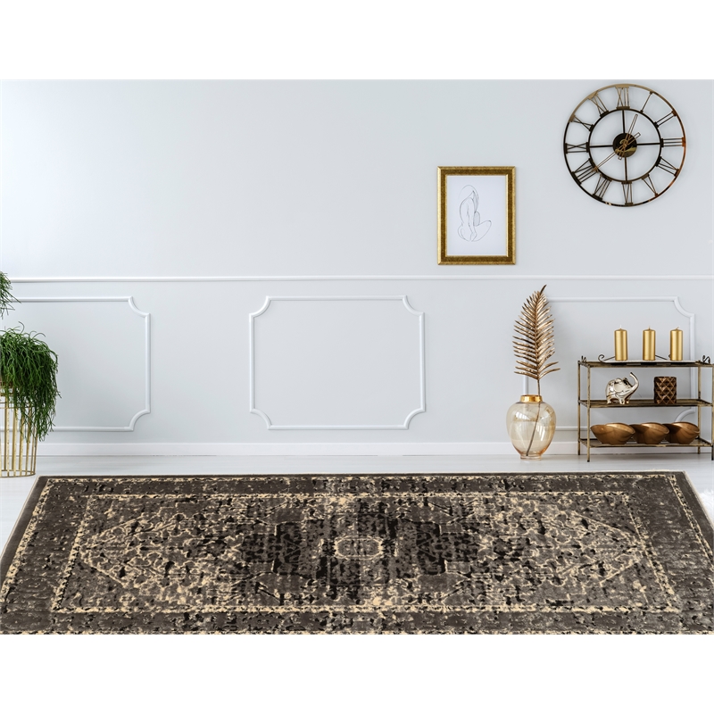 Linon Platinum Heriz Polyester 8'x11' Rug in Gray and Black