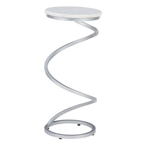 Linon Atlee White Marble 10.5&quot Round Drink Table with Iron Spiral Base in Silver
