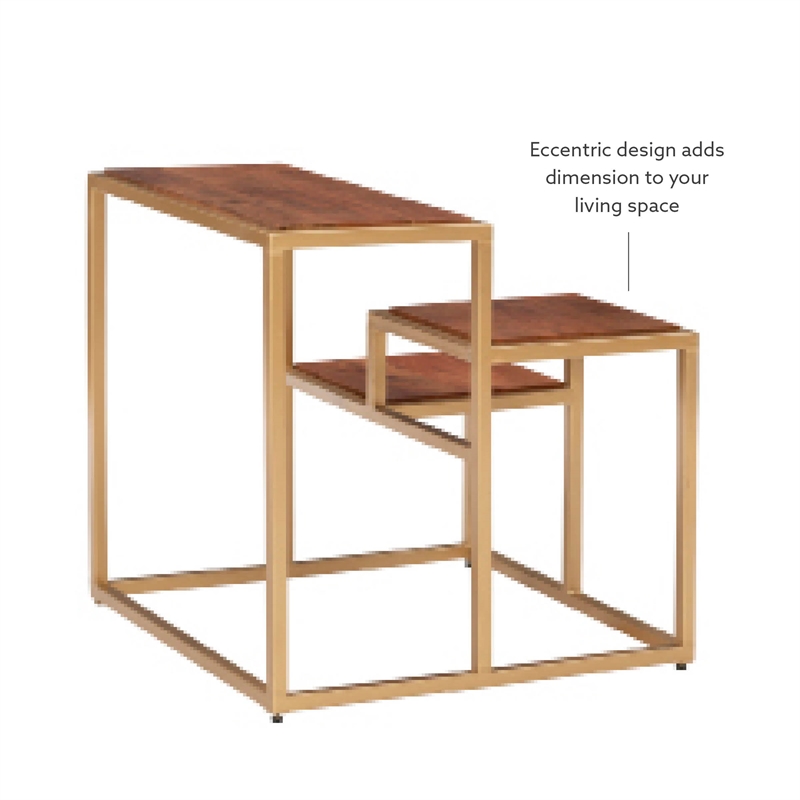 Linon Elijah Three Tiered Wood and Iron Side Table/Plant Stand in Gold/Natural