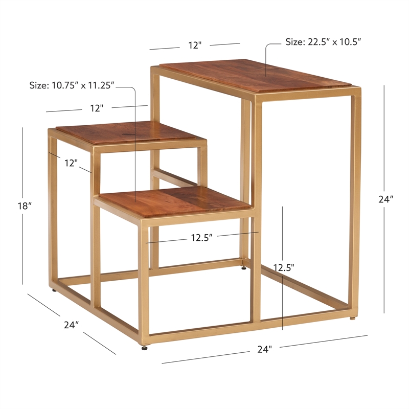 Linon Elijah Three Tiered Wood and Iron Side Table/Plant Stand in Gold/Natural
