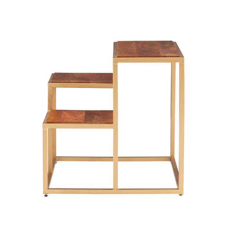 Linon Elijah Three Tiered Wood and Iron Side Table/Plant Stand in Gold/Natural