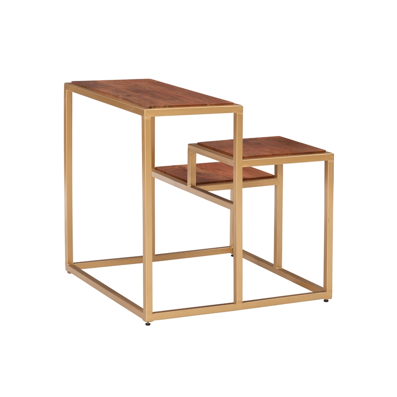Linon Elijah Three Tiered Wood and Iron Side Table/Plant Stand in Gold/Natural