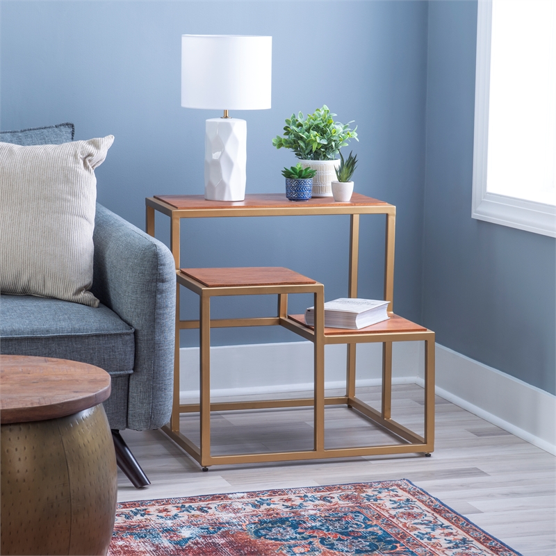 Linon Elijah Three Tiered Wood and Iron Side Table/Plant Stand in Gold/Natural