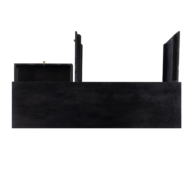 Linon Alivia Mango Wood Console 4 Drawers 2 Shelves in Black with Gold Lines
