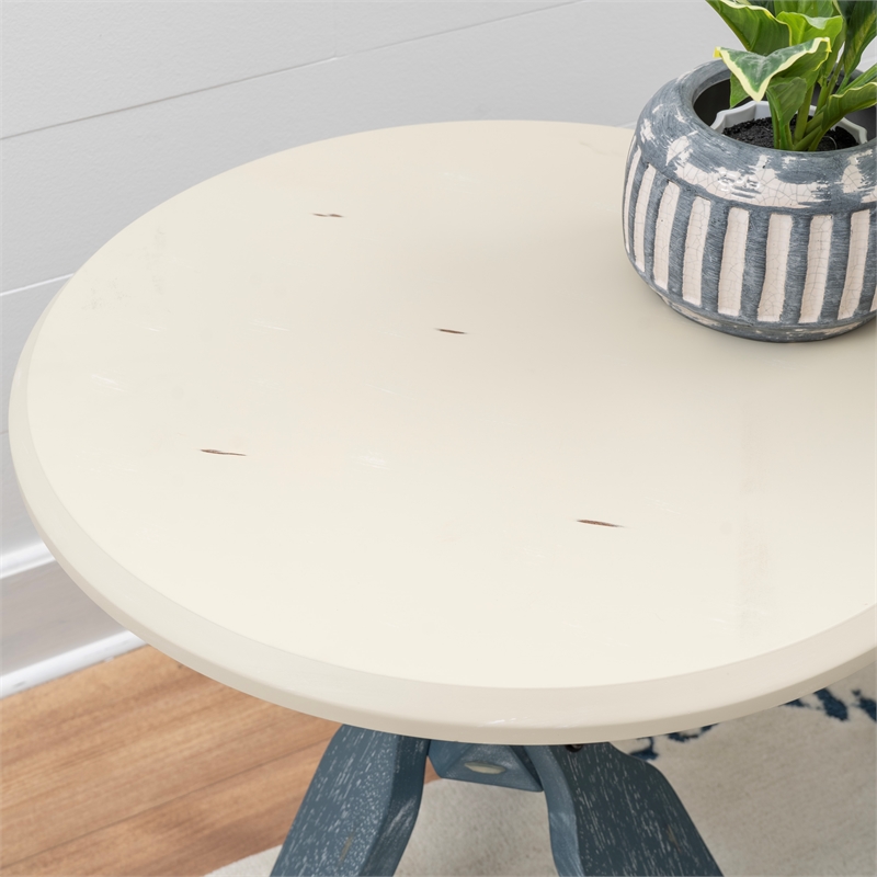 Linon Opal Distressed Wood Coastal Canoe Paddle Side Table in Blue/Cream