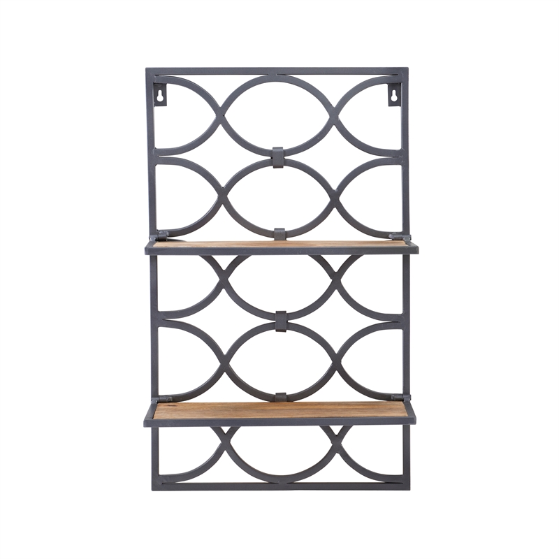 Linon Eli Wall Shelves Natural Distressed Wood Interwoven Iron Frame in Charcoal