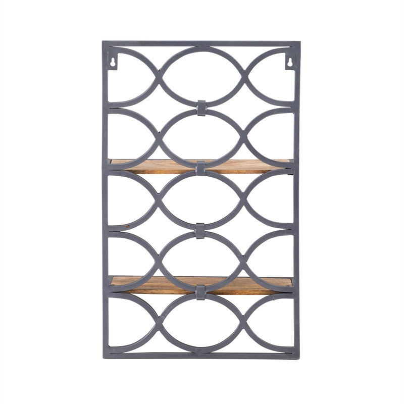 Linon Eli Wall Shelves Natural Distressed Wood Interwoven Iron Frame in Charcoal