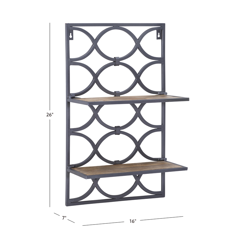 Linon Eli Wall Shelves Natural Distressed Wood Interwoven Iron Frame in Charcoal