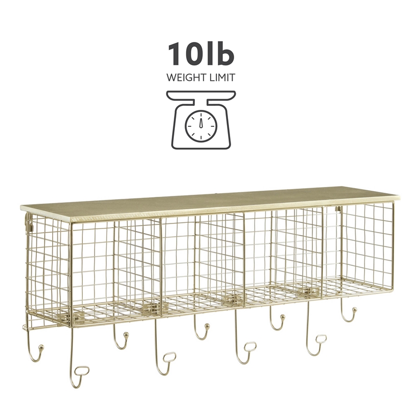 Linon Four Cubby Metal Wall Shelf in Gold