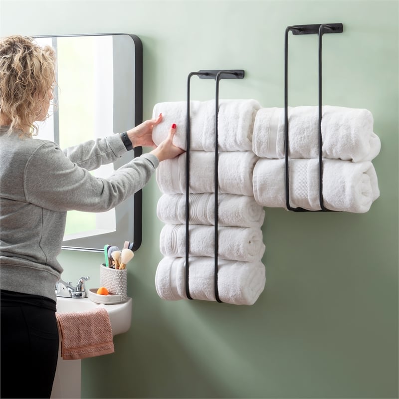 Linon Bethany Iron Towel Racks 2 Pack Industrial Space Saving Design in Black